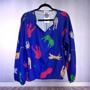 Carole Christian Bright Blue Colorful Tiger Print Blouse size S